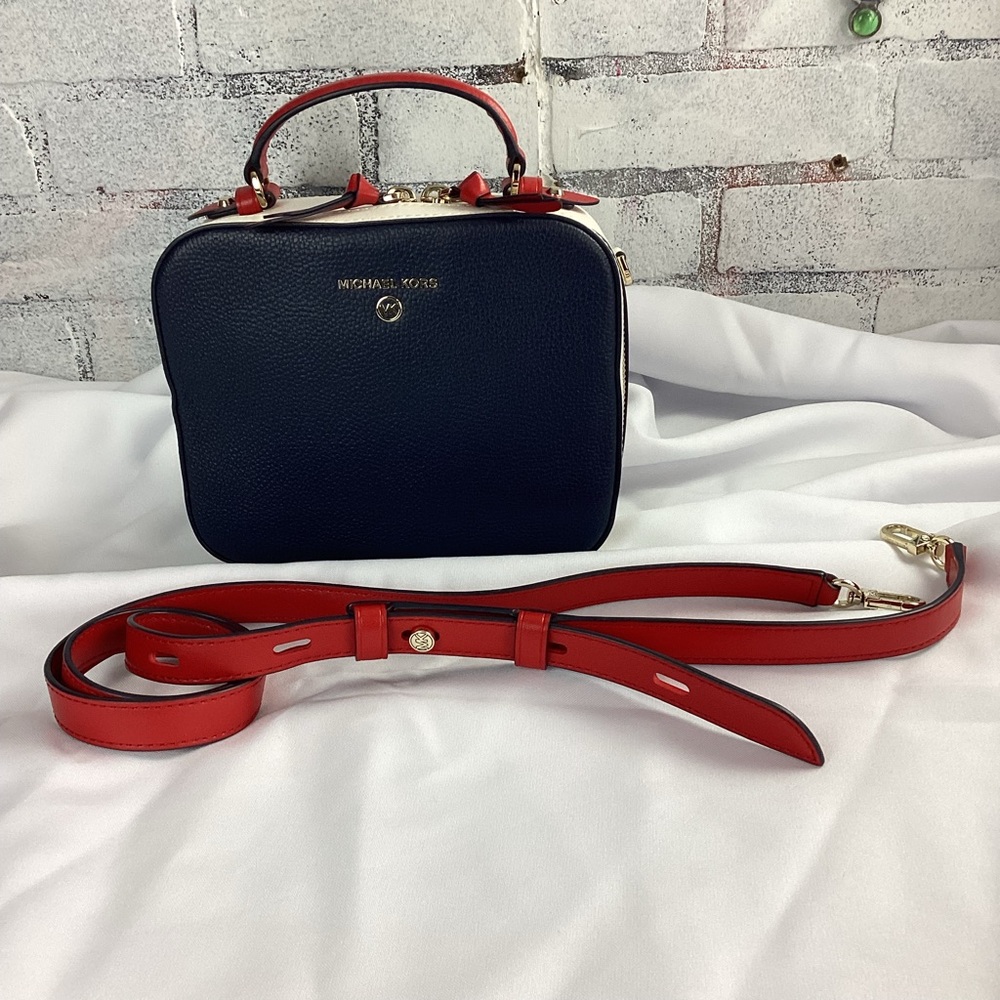 MICHAEL KORS Jet Set Medium Pebbled Leather Crossbody Red, White, Blue $298 - Picture 1 of 13